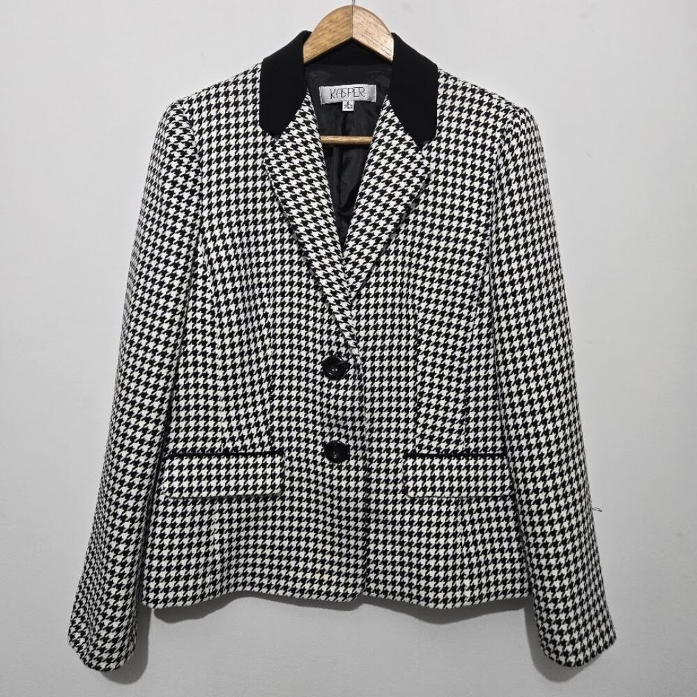 Kasper Womens Houndstooth Lined Blazer Jacket Size 8 Career Preppy Professional